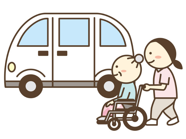 高齢女性と送迎車と介護士